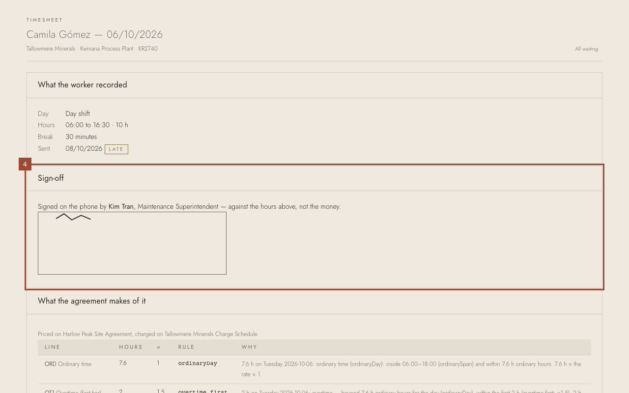 Step 4: Check the sign-off: who signed for the hours on site.