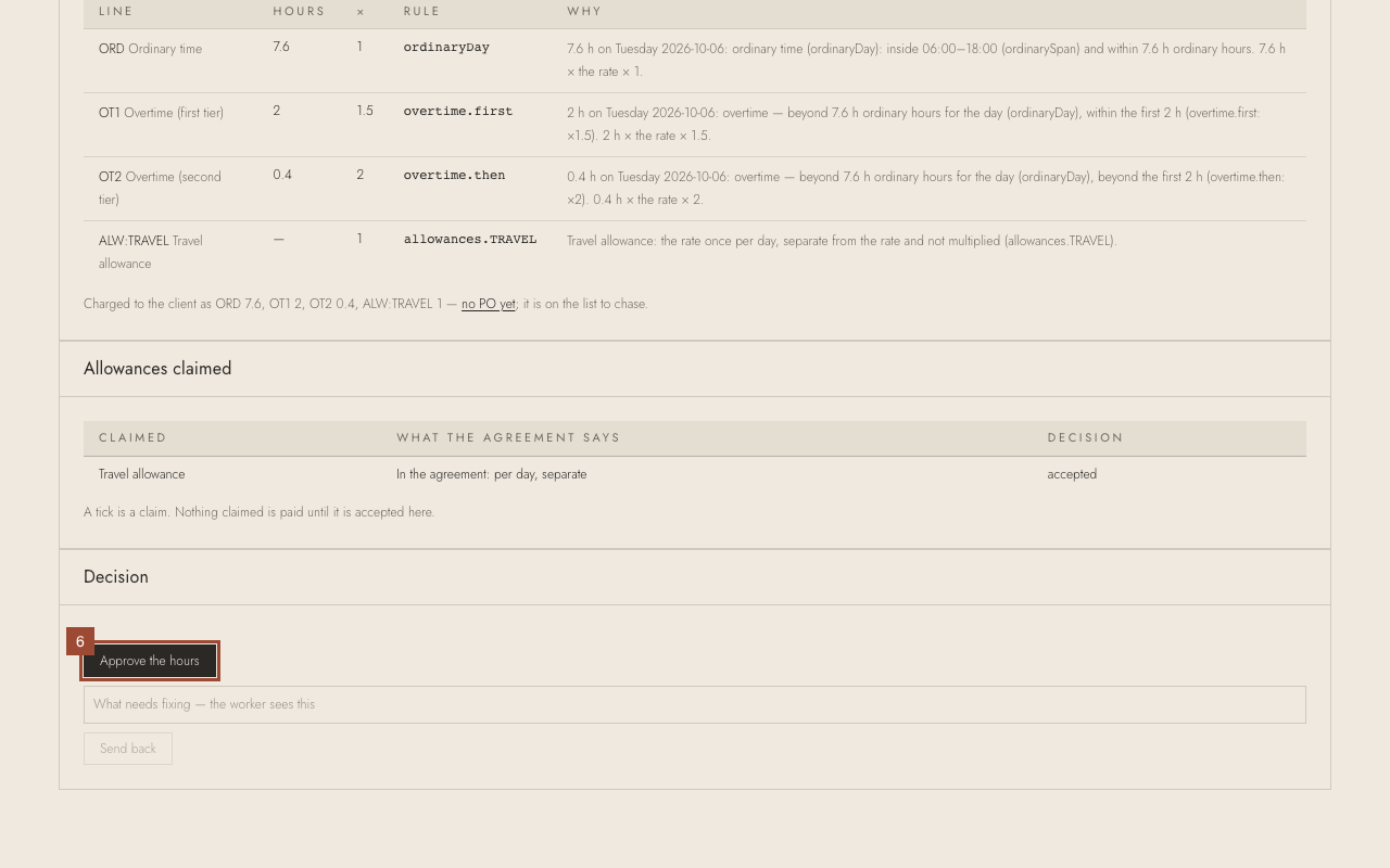 Step 6: Press Approve the hours. To send the day back instead, type what needs fixing and press Send back.