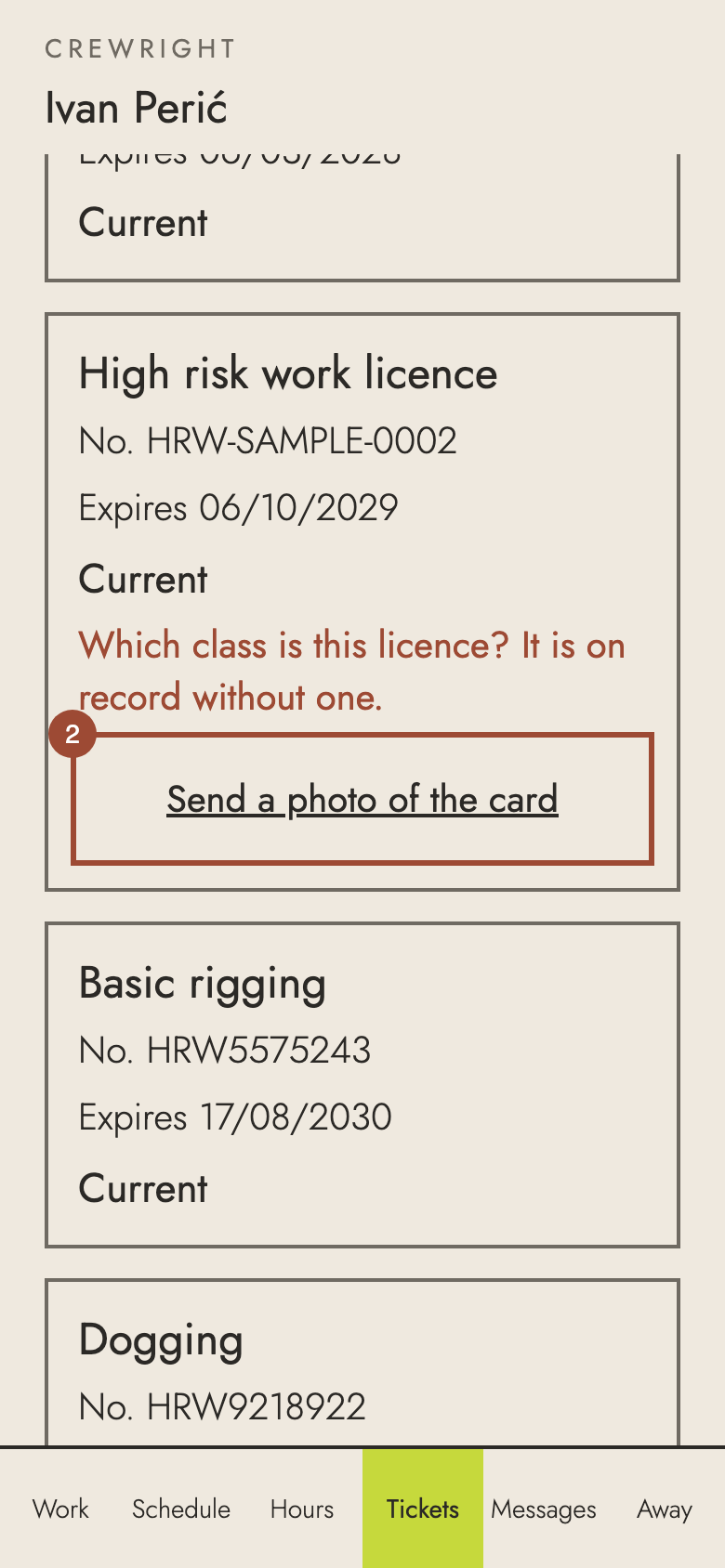 Step 2: Under Which class is this licence?, press Send a photo of the card.