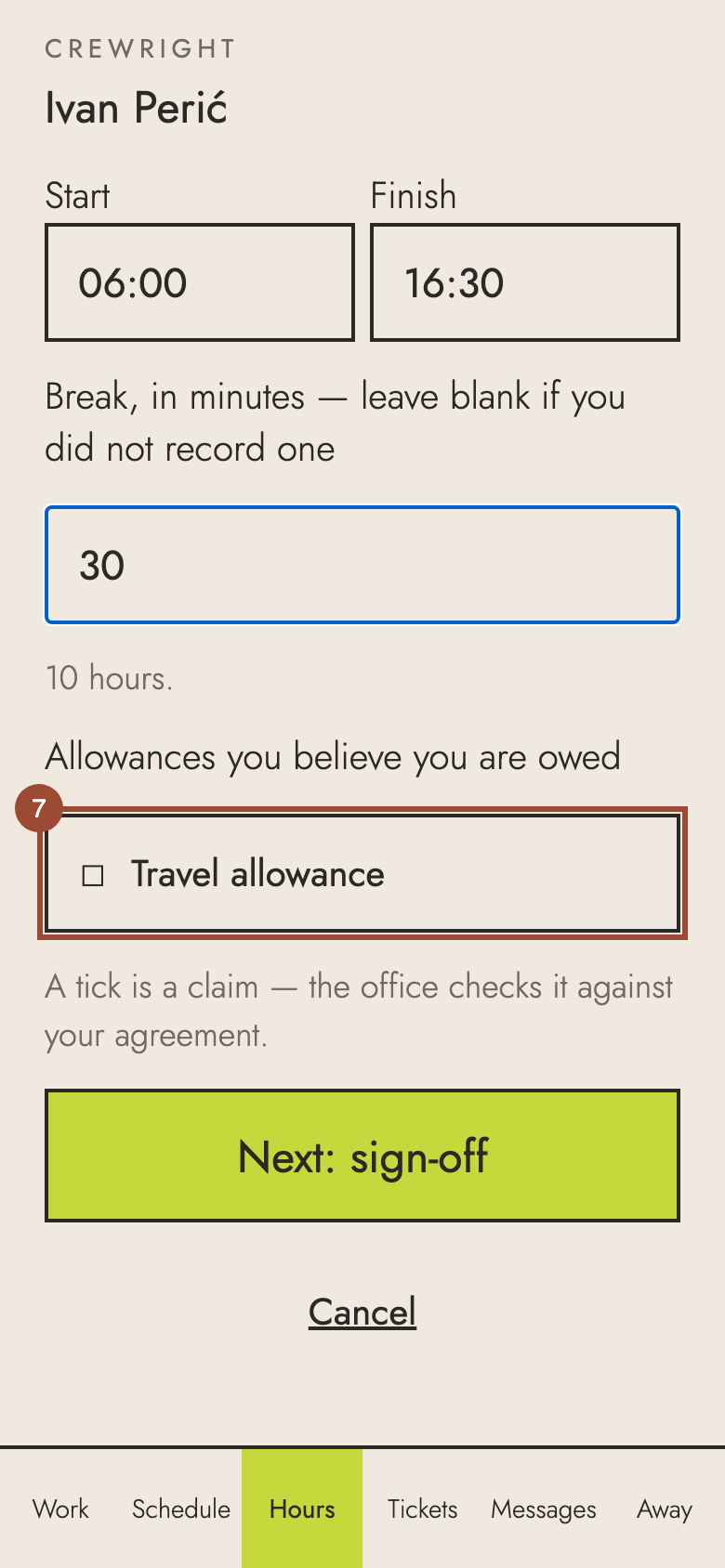 Step 7: Tick any allowance you are owed: here, Travel allowance. The office checks each one.