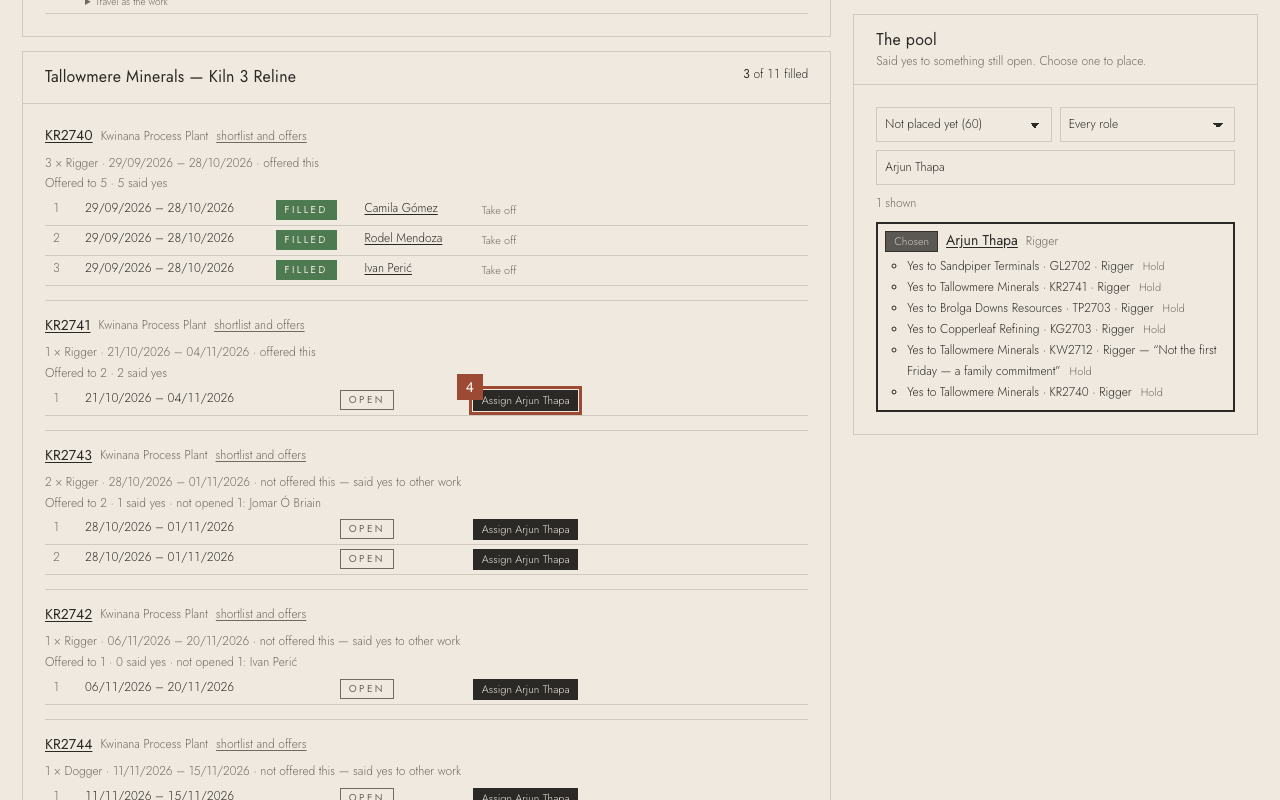 Step 4: Find the order (here KR2741) and press Assign Arjun Thapa on the open position.