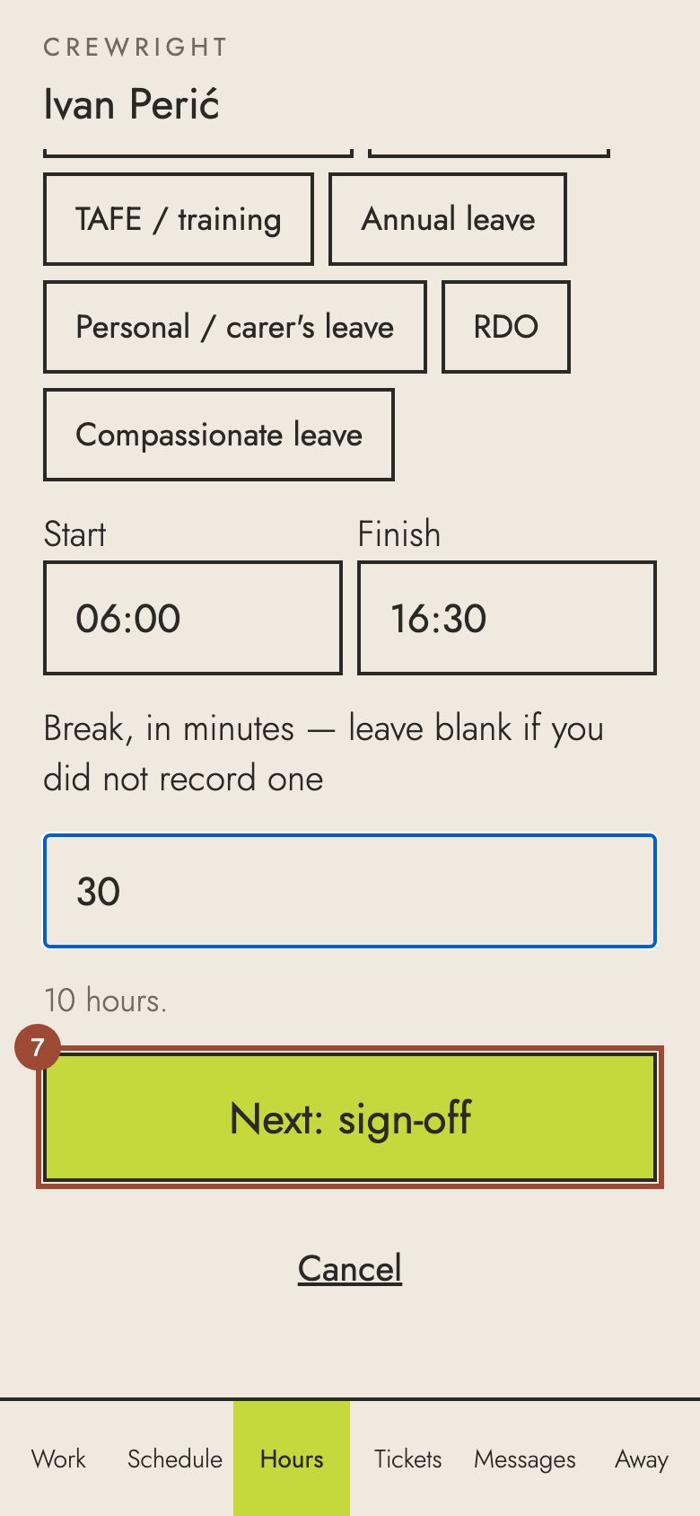 Step 7: Press Next: sign-off.