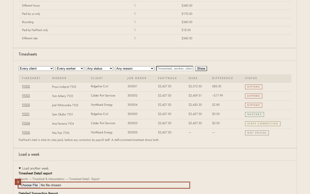 Step 3: Choose FastTrack's Timesheet Detail - Export for last week (Reports → Timesheet & Interpretation).