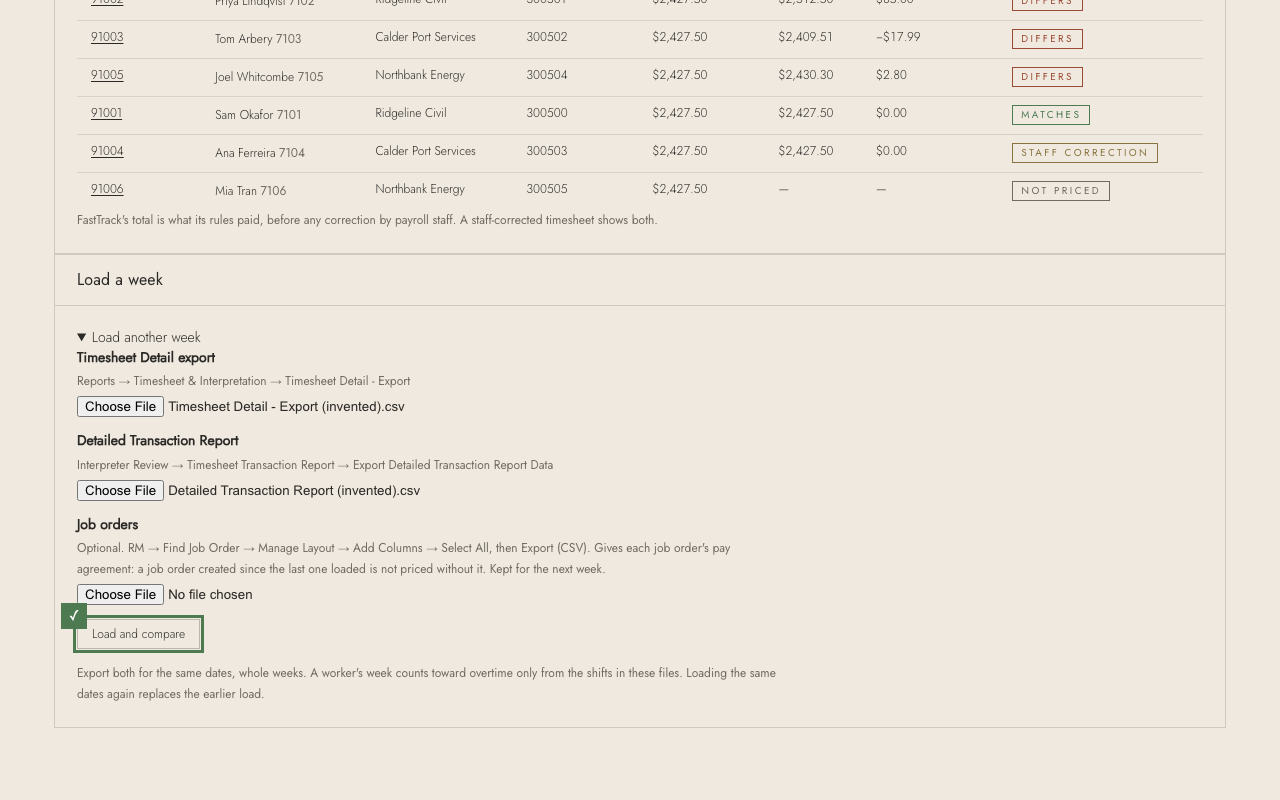 Step 5: Press Load and compare. Pricing a week takes up to a minute. If FastTrack has new job orders, add its job order file too — it is kept for next week.