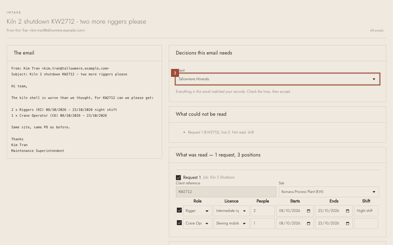 Step 3: Check the Client. It was recognised from the sender's address; choose another if it is wrong.