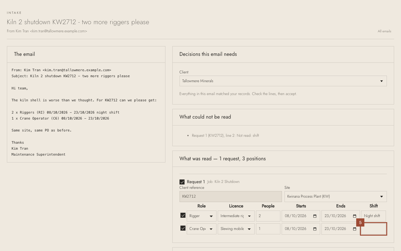 Step 5: Fill it in on that line if you know it (here Day shift), or leave it blank.