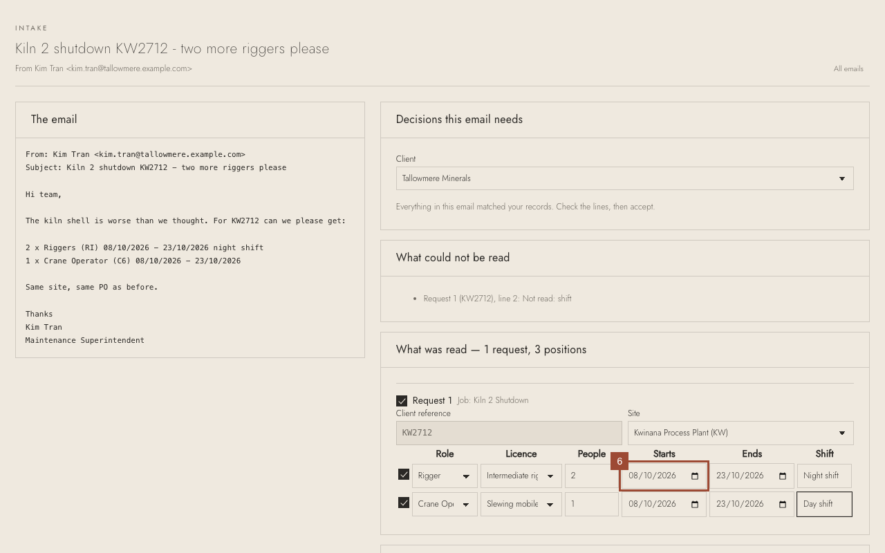 Step 6: Check each line against the email on the left: role, licence, how many people, the dates.