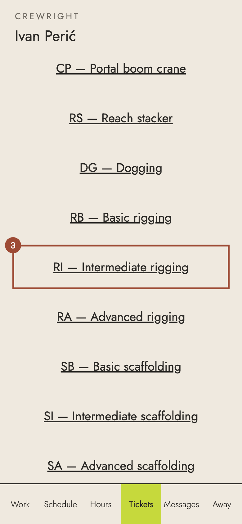 Step 3: Choose what it is: here, RI — Intermediate rigging.